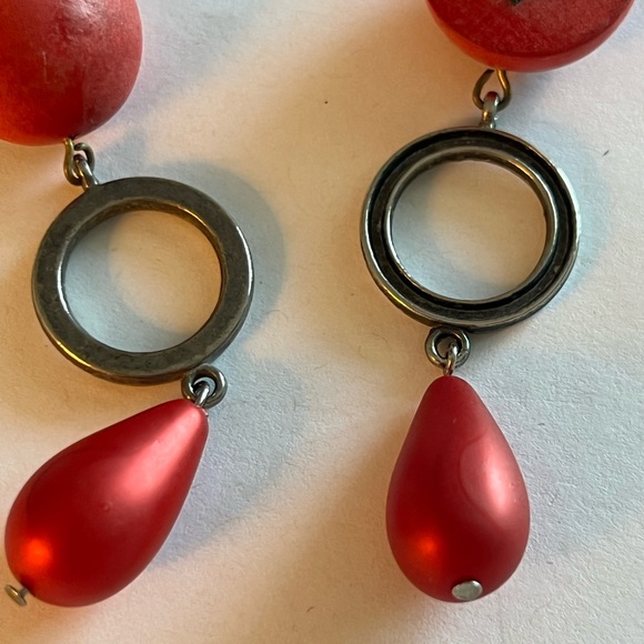 Red and silver metal pierced earrings 3” long - Picture 4 of 4